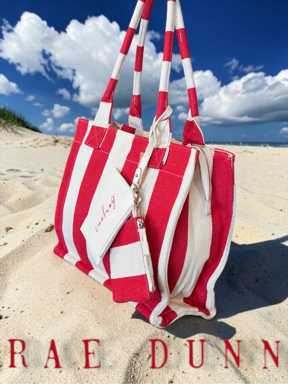 NWT Rae Dunn "Bonjour" 3-Piece Canvas Tote Bag Set – Red & White Stripes - Picture 3 of 9
